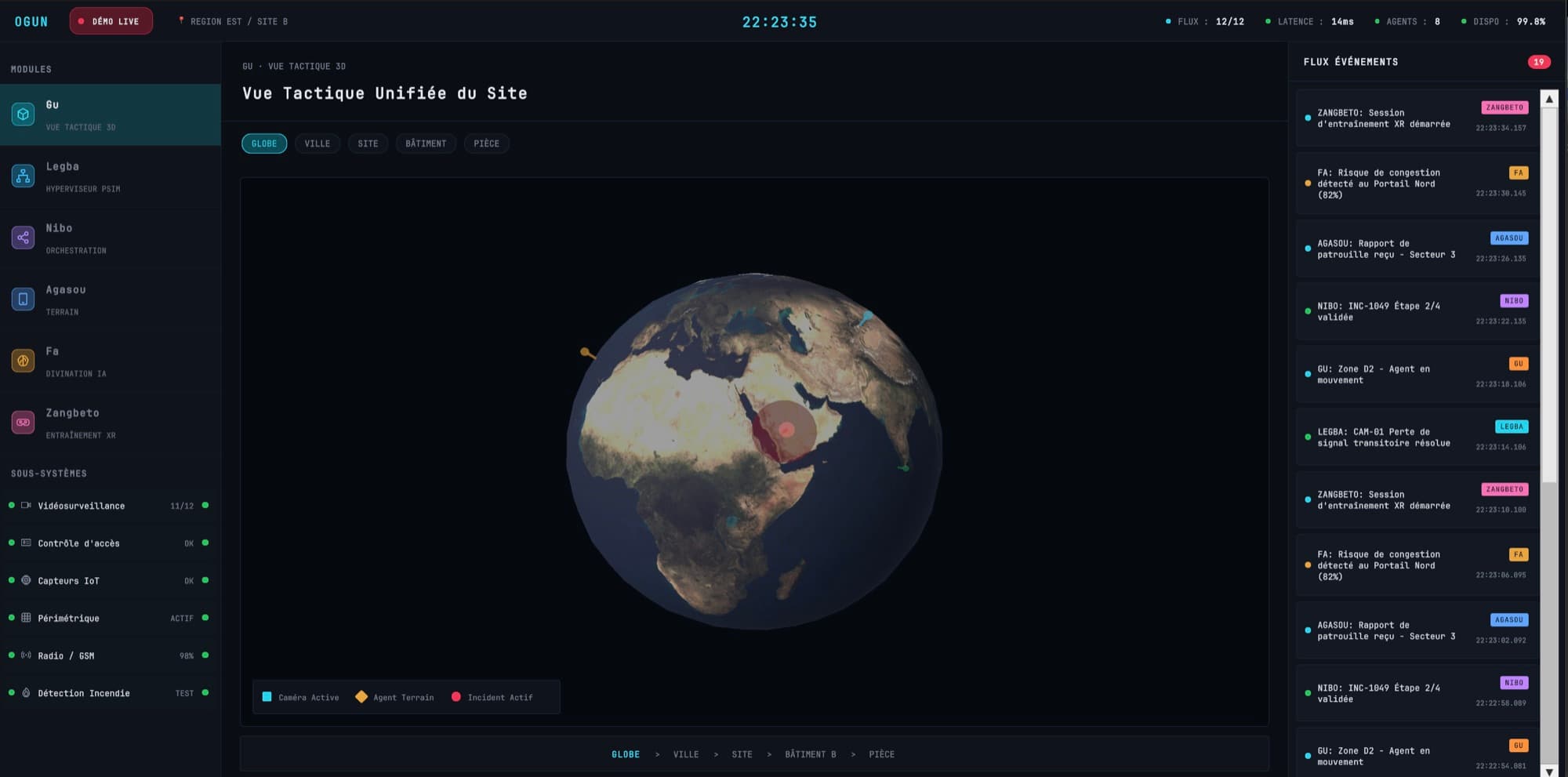 OGUN Gu module showing the tactical globe with active cameras, field agents, and a live incident