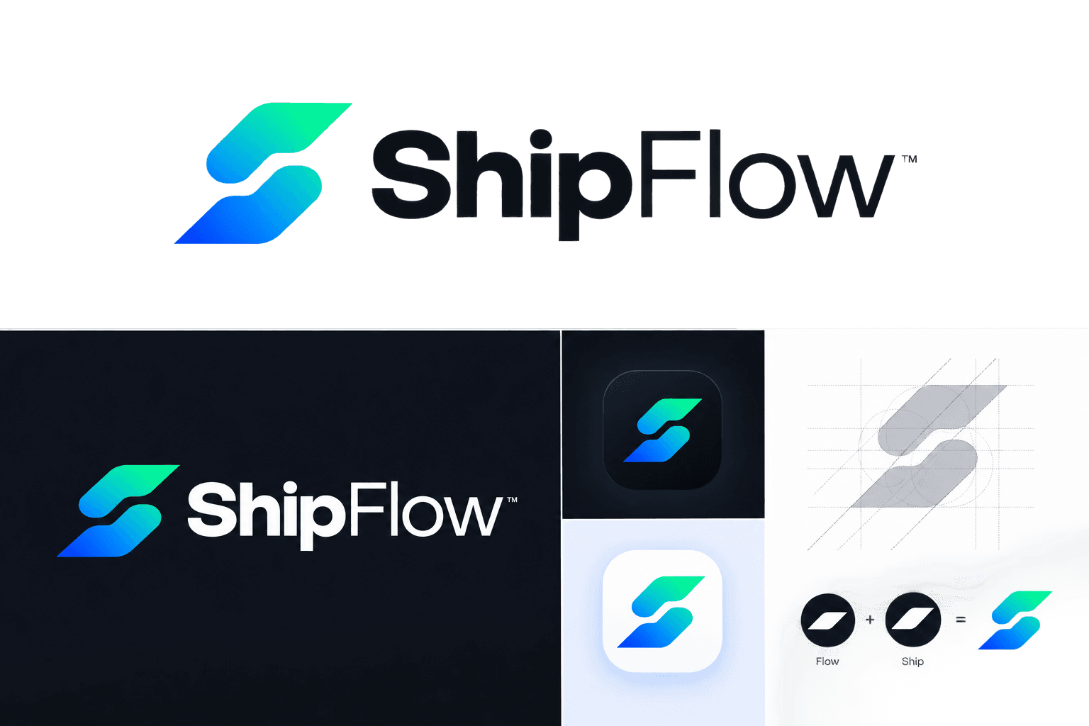 ShipFlow brand system with lockup, app icons, and construction grid